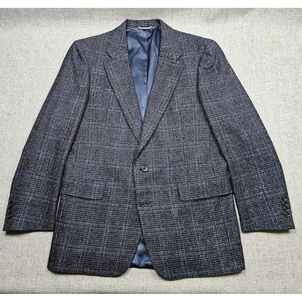 VINTAGE Christian Dior Sport Coat Mens 44 Blue Wool Tweed Plaid Blazer Jacket